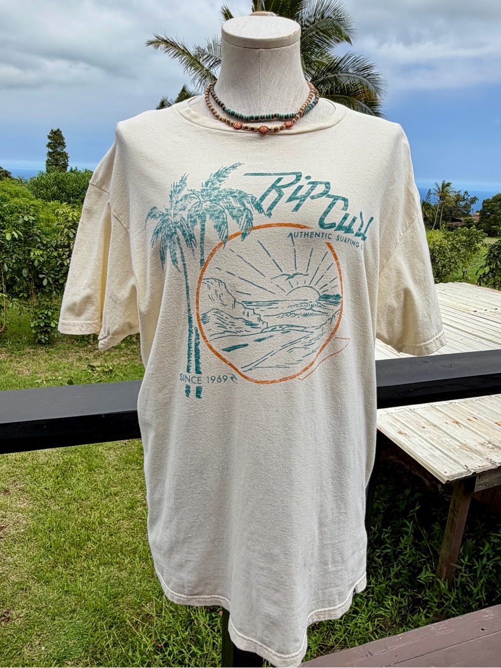 Rip Curl Authentic Surfing Graphic T-Shirt Large Cream Tropical Surf Tee